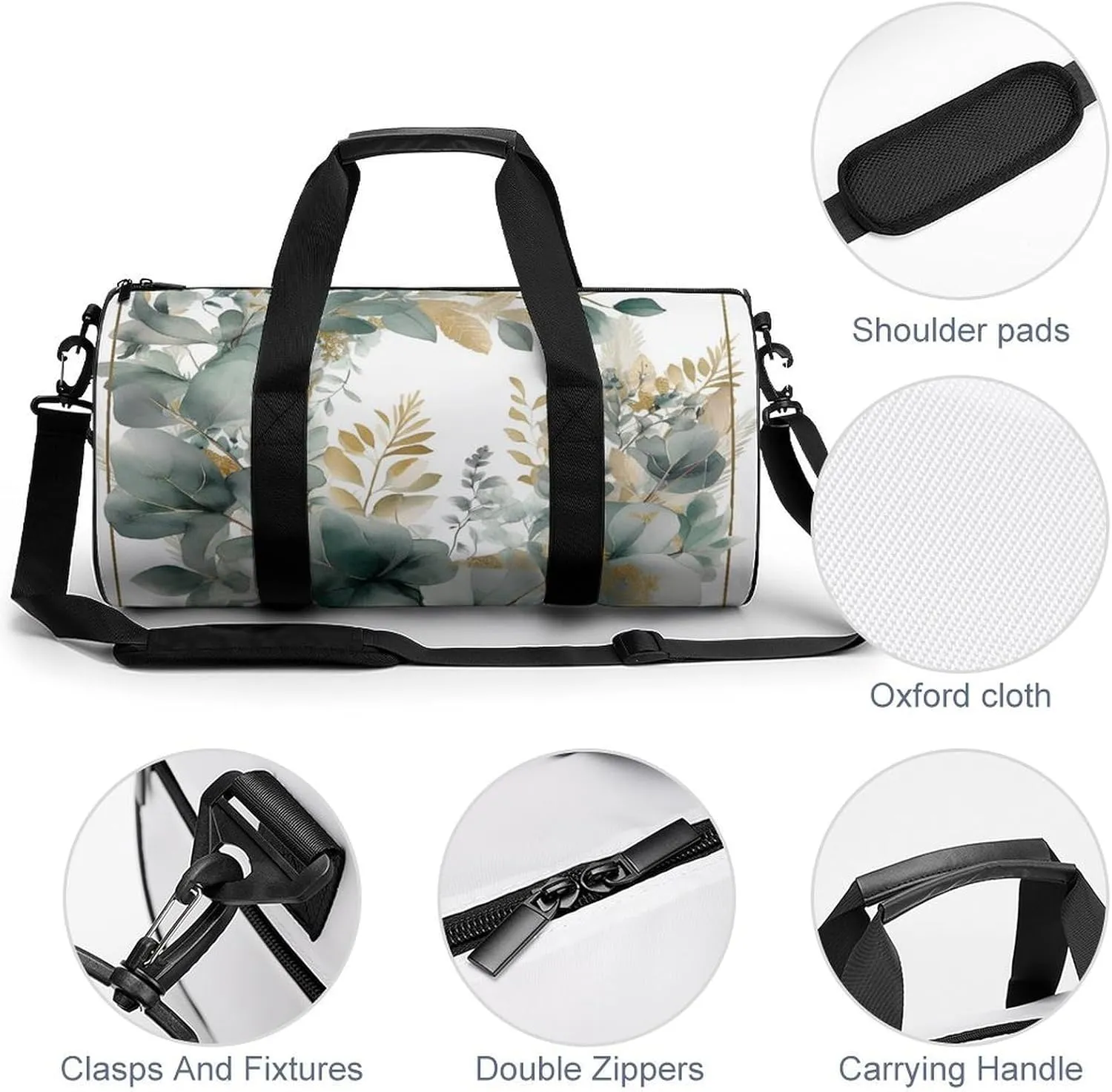 Gold And Green Leaves Gym Bag Small Travel Duffle Bag with Compartment Carry On Weekender Bag for Women Men