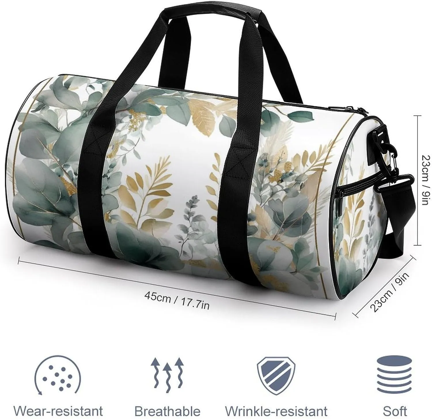 Gold And Green Leaves Gym Bag Small Travel Duffle Bag with Compartment Carry On Weekender Bag for Women Men