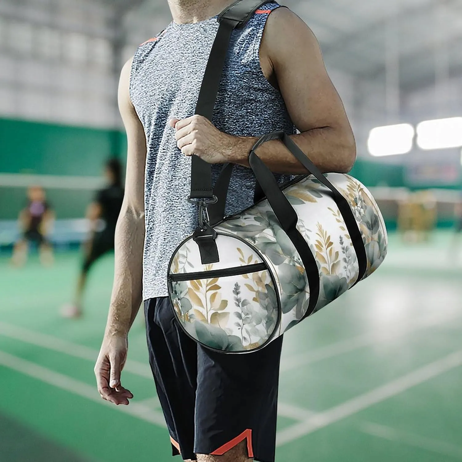 Gold And Green Leaves Gym Bag Small Travel Duffle Bag with Compartment Carry On Weekender Bag for Women Men