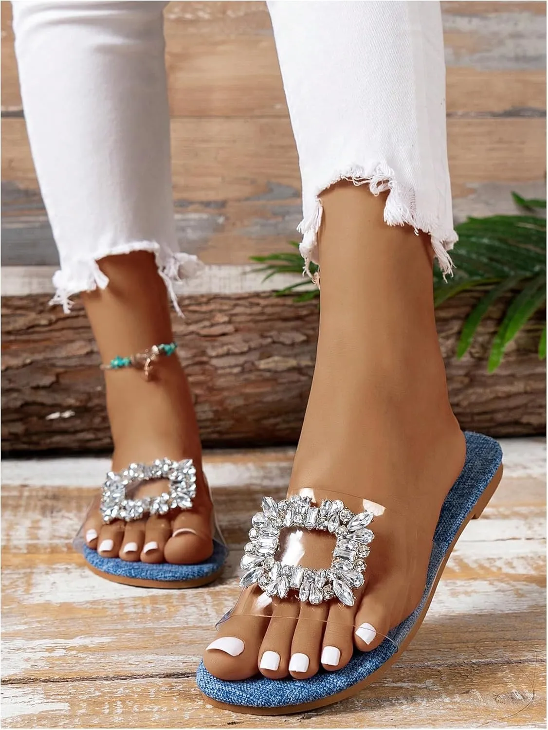 GORGLITTER Women's Rhinestone Clear Flat Sandals Dressy Cute Sparkly Summer Vacation Slide Shoes