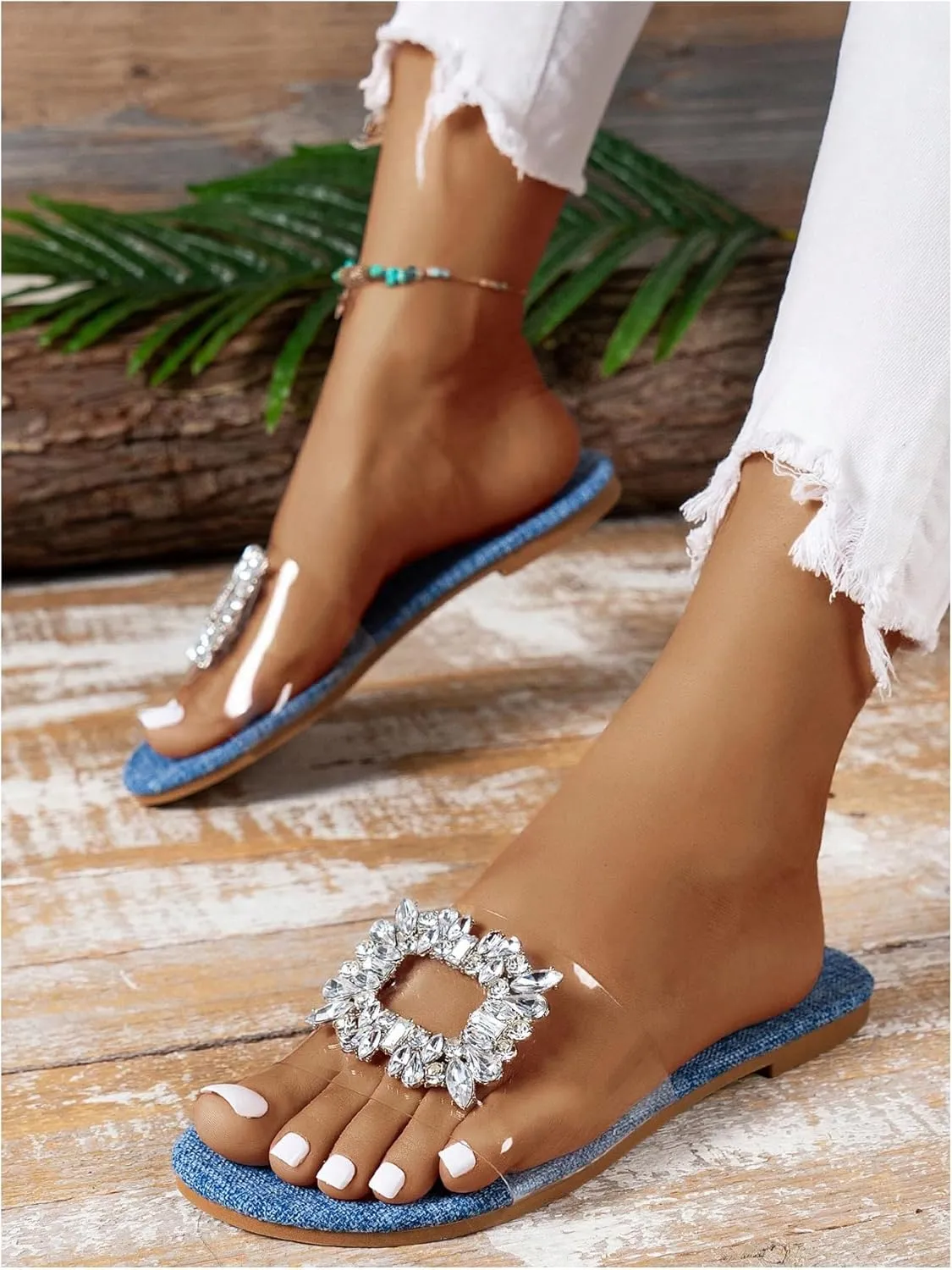 GORGLITTER Women's Rhinestone Clear Flat Sandals Dressy Cute Sparkly Summer Vacation Slide Shoes