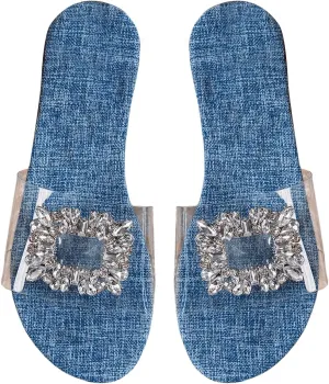 GORGLITTER Women's Rhinestone Clear Flat Sandals Dressy Cute Sparkly Summer Vacation Slide Shoes