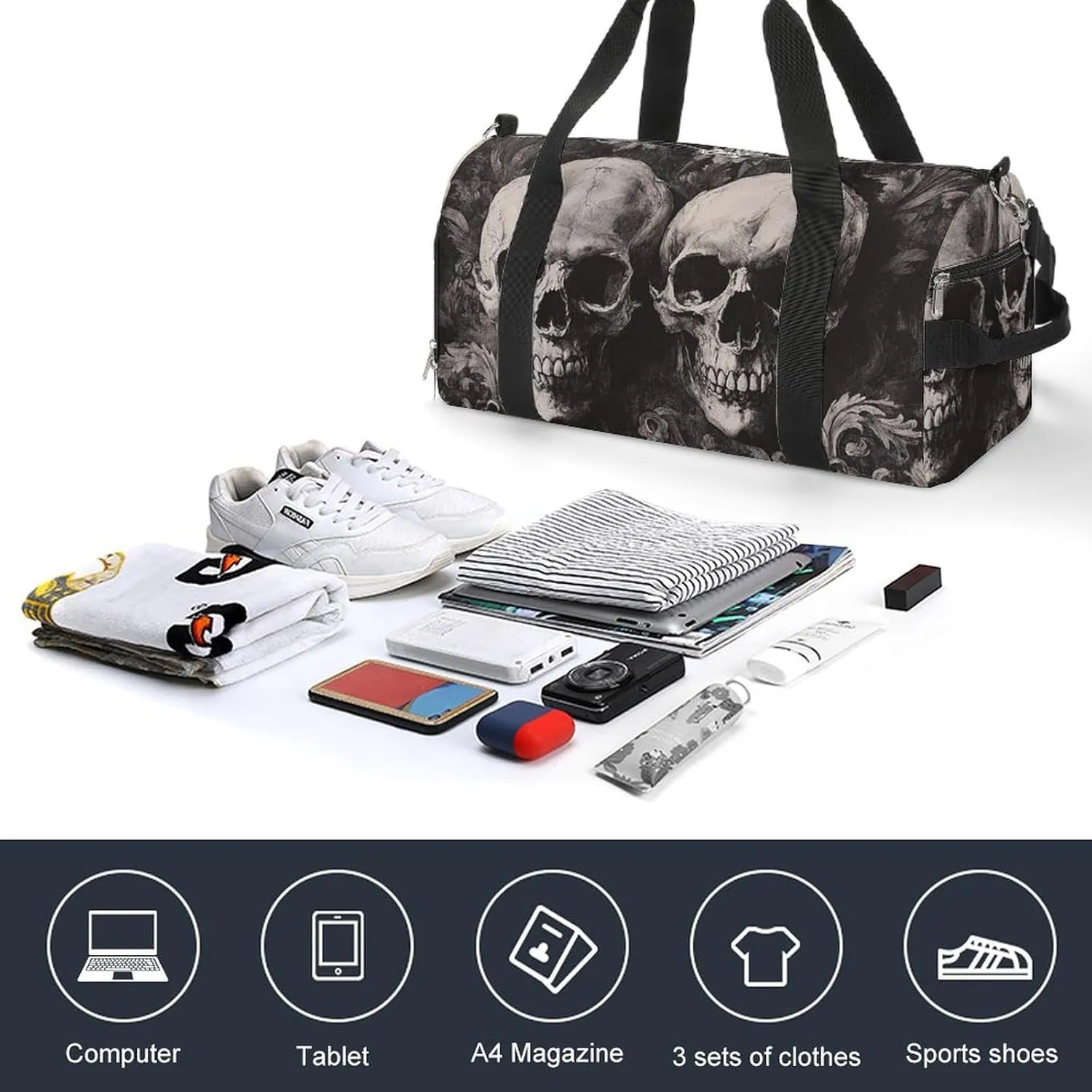 Gothic Skulls Fitness Large Gym Bag for Unisex with Shoe Compartment & Wet Pocket
