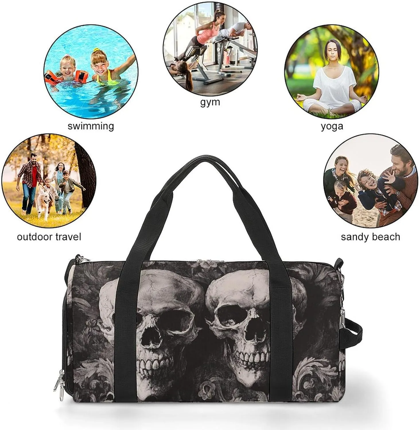 Gothic Skulls Fitness Large Gym Bag for Unisex with Shoe Compartment & Wet Pocket