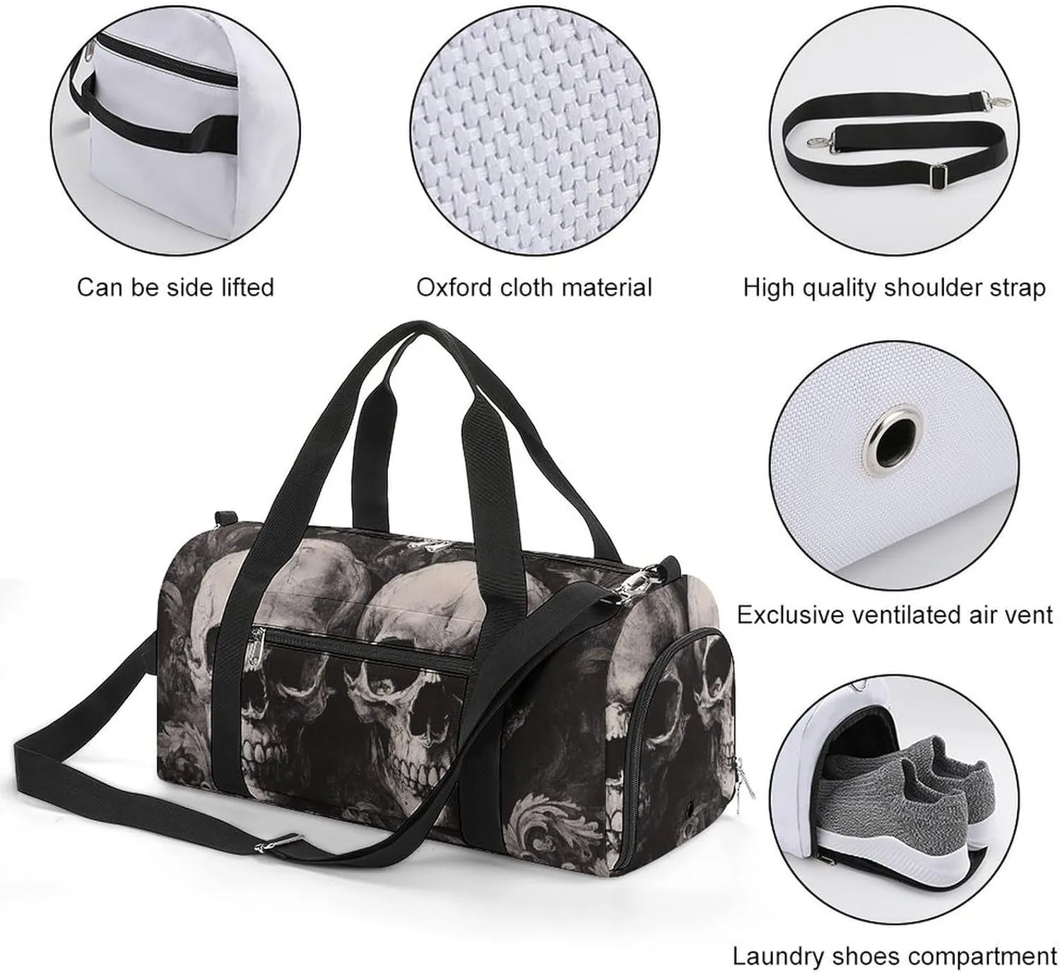 Gothic Skulls Fitness Large Gym Bag for Unisex with Shoe Compartment & Wet Pocket