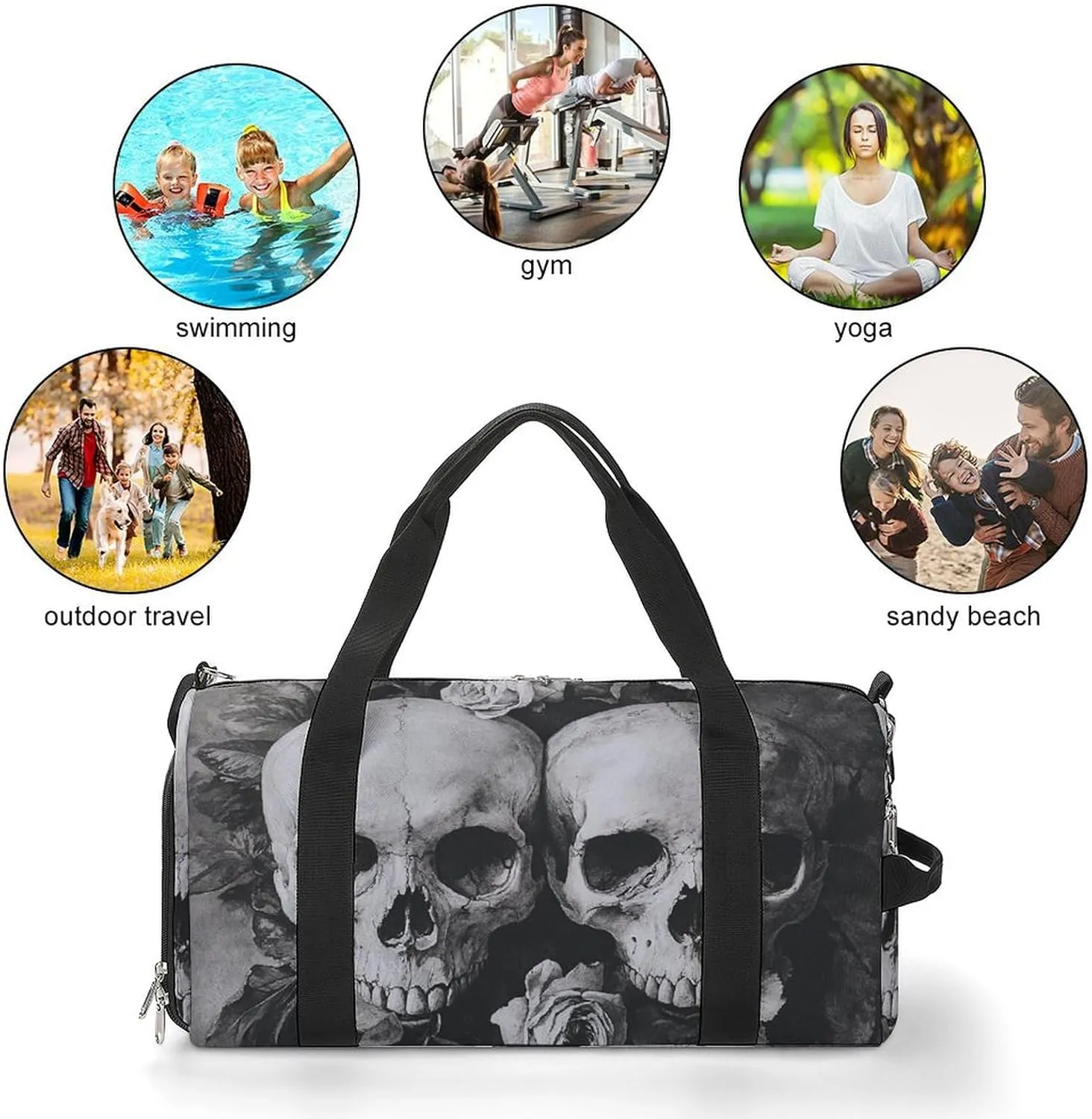 Gothic Style of Skulls with Flowers Fitness Large Gym Bag for Unisex with Shoe Compartment & Wet Pocket