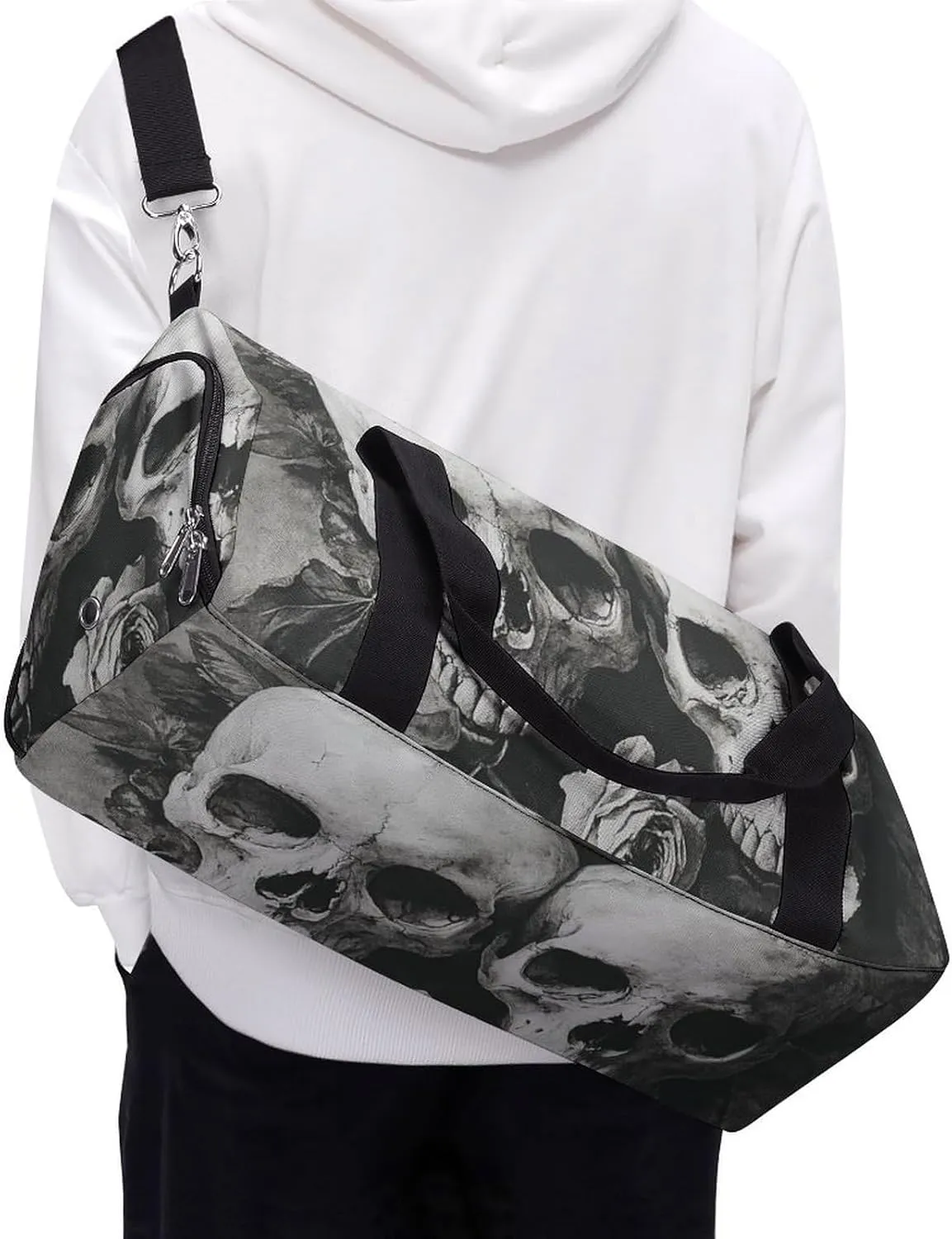 Gothic Style of Skulls with Flowers Fitness Large Gym Bag for Unisex with Shoe Compartment & Wet Pocket