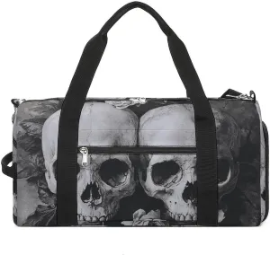 Gothic Style of Skulls with Flowers Fitness Large Gym Bag for Unisex with Shoe Compartment & Wet Pocket