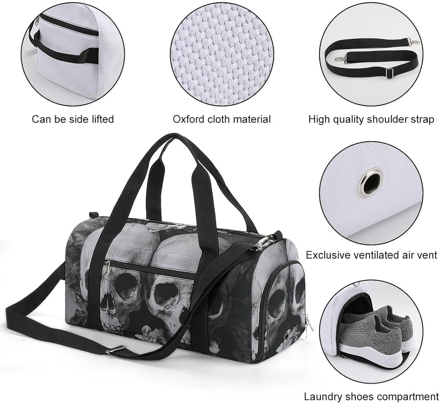Gothic Style of Skulls with Flowers Fitness Large Gym Bag for Unisex with Shoe Compartment & Wet Pocket