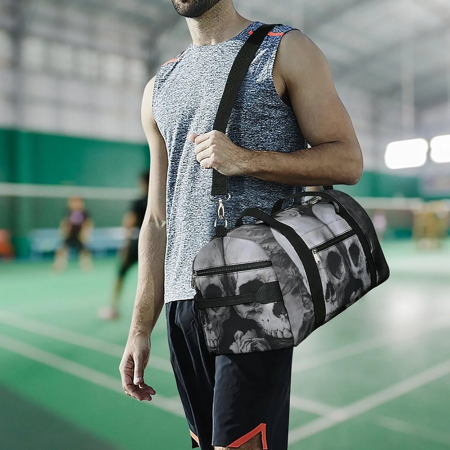 Gothic Style of Skulls with Flowers Fitness Large Gym Bag for Unisex with Shoe Compartment & Wet Pocket
