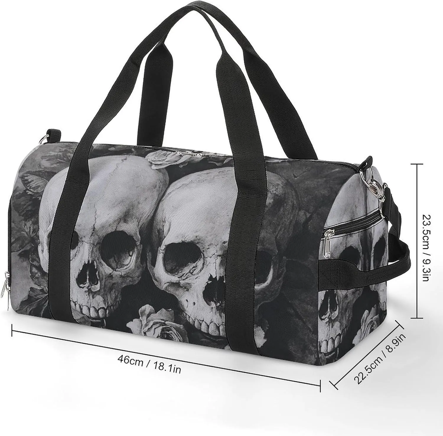 Gothic Style of Skulls with Flowers Fitness Large Gym Bag for Unisex with Shoe Compartment & Wet Pocket