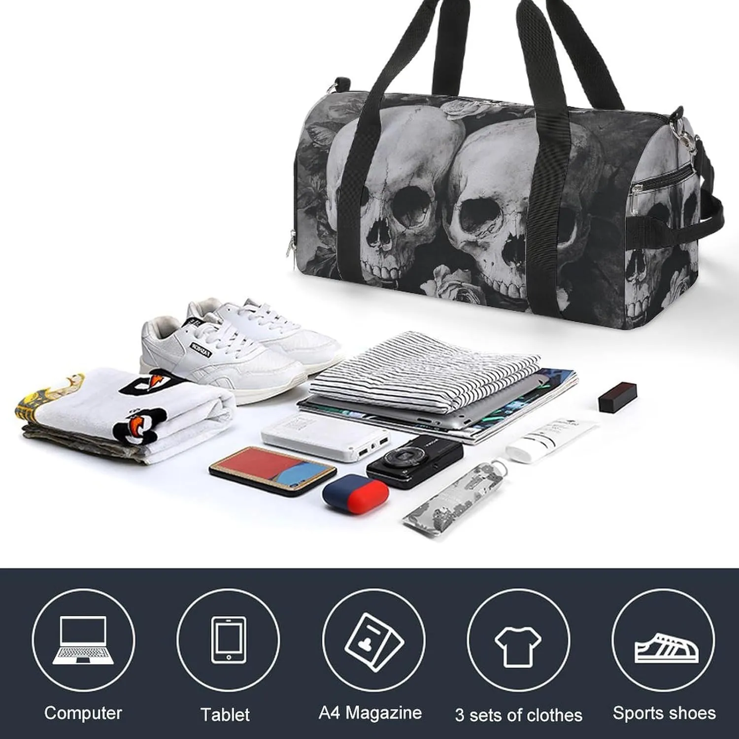 Gothic Style of Skulls with Flowers Fitness Large Gym Bag for Unisex with Shoe Compartment & Wet Pocket