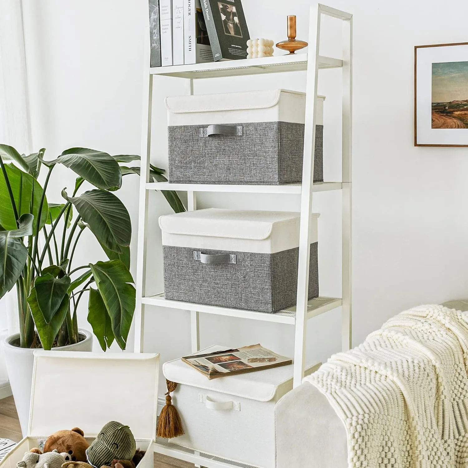 GRANNY SAYS Fabric Storage Boxes, Keepsake Box, Large Storage Bins with Lids, Closet Organizers, Toy Organizer, Storage Baskets for Shelves, White/Gray, 2-Pack