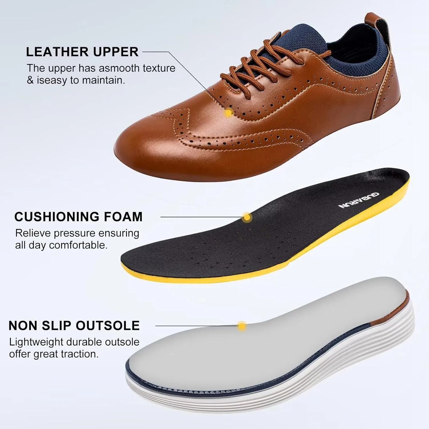 GUBARUN Men's Dress Sneakers Leather Oxfords Shoes Business Wingtip Casual Walking Shoes