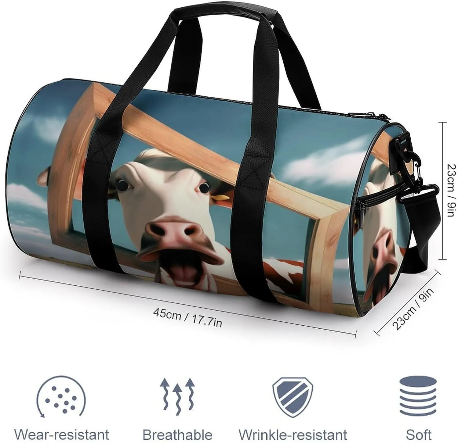 Gym Bag for Men Women Lightweight Sports Duffle Bag with Multiple Compartments Cylindrical Gym Bag for Fitness Travel And Outdoor Activities Ater Resistant Yoga Bag Training Bag Funny Cow