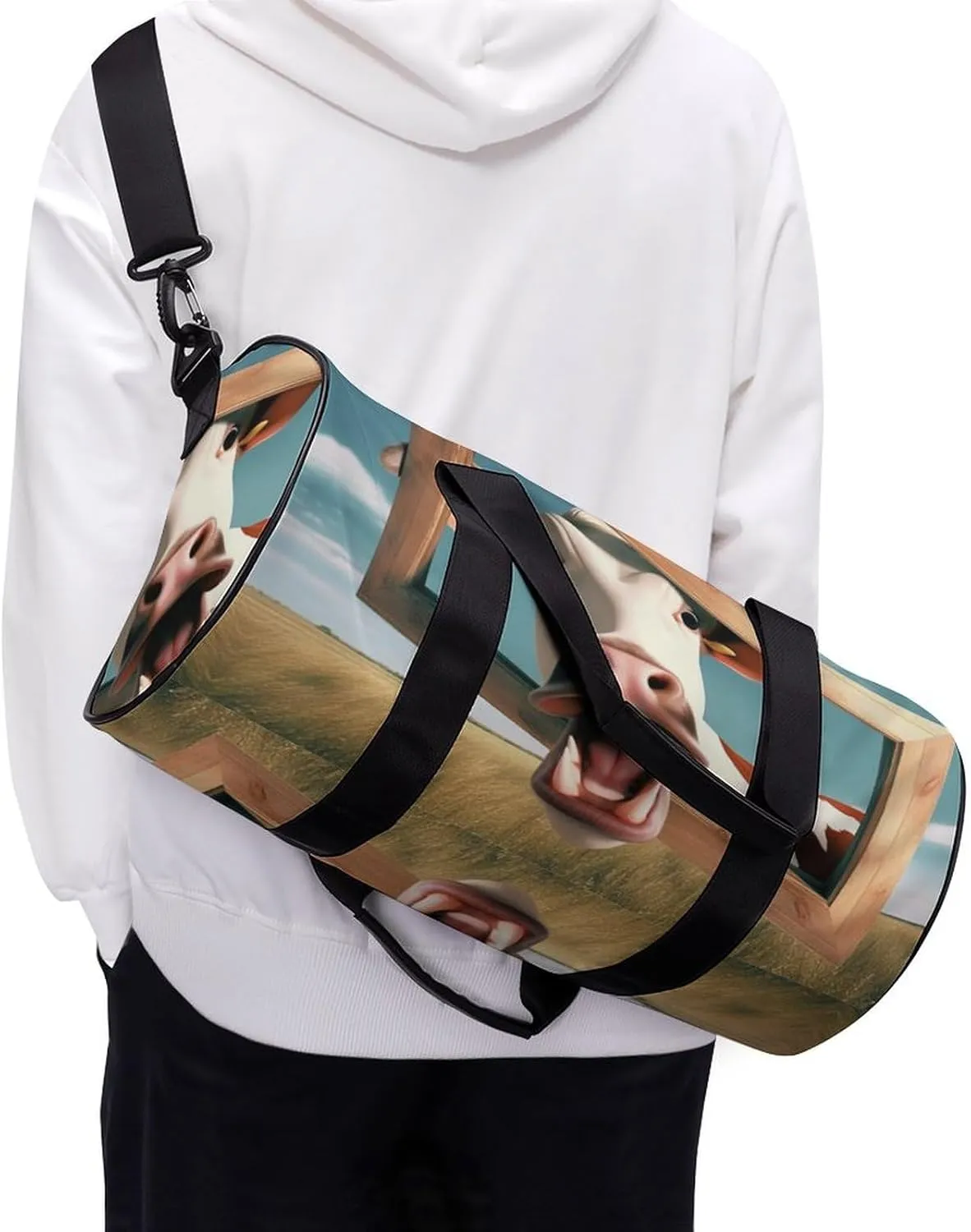 Gym Bag for Men Women Lightweight Sports Duffle Bag with Multiple Compartments Cylindrical Gym Bag for Fitness Travel And Outdoor Activities Ater Resistant Yoga Bag Training Bag Funny Cow