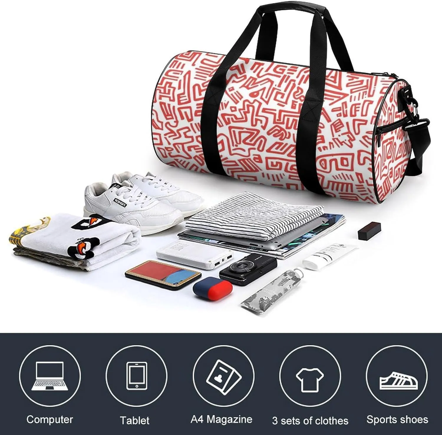 Gym Bag for Men Women Lightweight Sports Duffle Bag with Multiple Compartments Cylindrical Gym Bag for Fitness Travel And Outdoor Activities Ater Resistant Yoga Bag Training Bag Red Maze