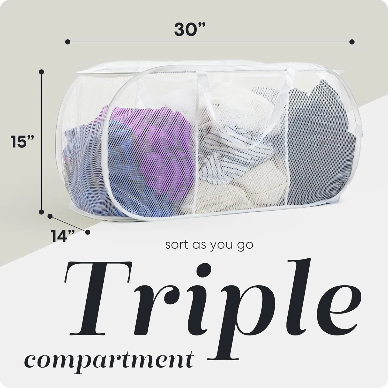 Handy Laundry Foldable Laundry Basket - Popup & Collapsible, Durable Mesh Material, Folds for Storage, Easy Carry Handle, Great Hamper for College Dorm, Laundry Room or Travel (White | 3-Compartments)