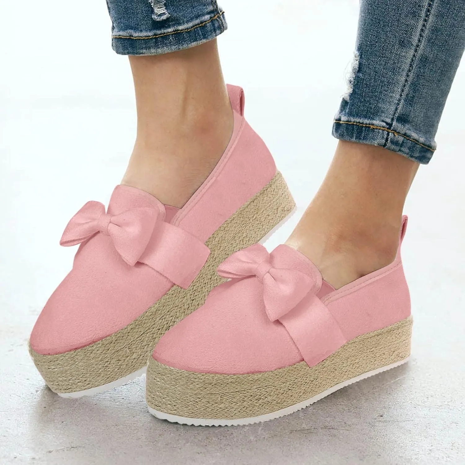 Hbeylia Espadrilles Platform Sneakers for Women Fashion Bowknot Round Toe Chunky Bottom High Heels Canvas Shoes Anti Slip Trendy Slip On Walking Loafers for Outdoor Travel