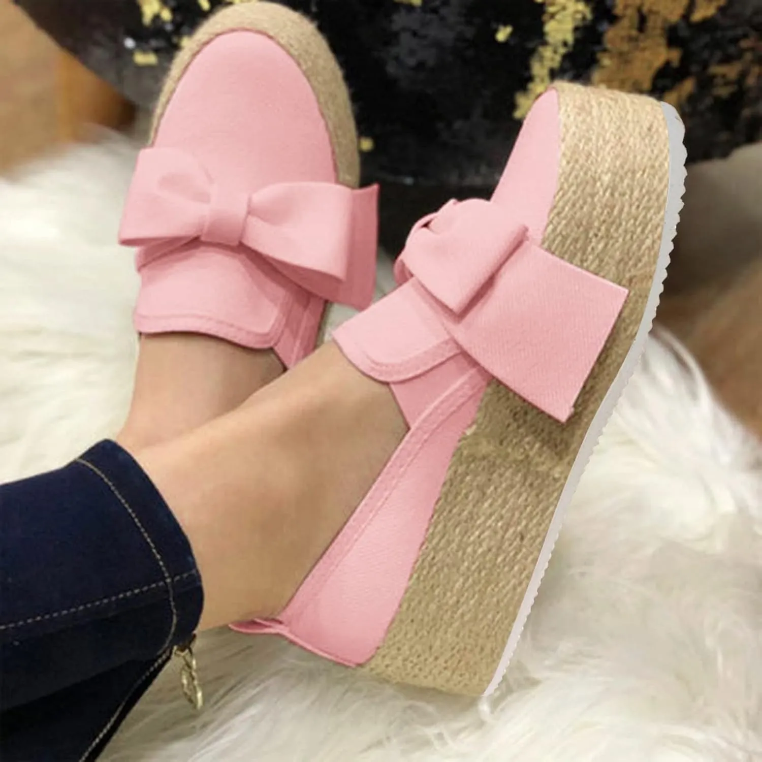 Hbeylia Espadrilles Platform Sneakers for Women Fashion Bowknot Round Toe Chunky Bottom High Heels Canvas Shoes Anti Slip Trendy Slip On Walking Loafers for Outdoor Travel