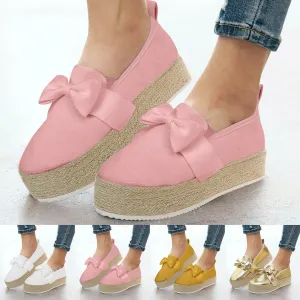 Hbeylia Espadrilles Platform Sneakers for Women Fashion Bowknot Round Toe Chunky Bottom High Heels Canvas Shoes Anti Slip Trendy Slip On Walking Loafers for Outdoor Travel