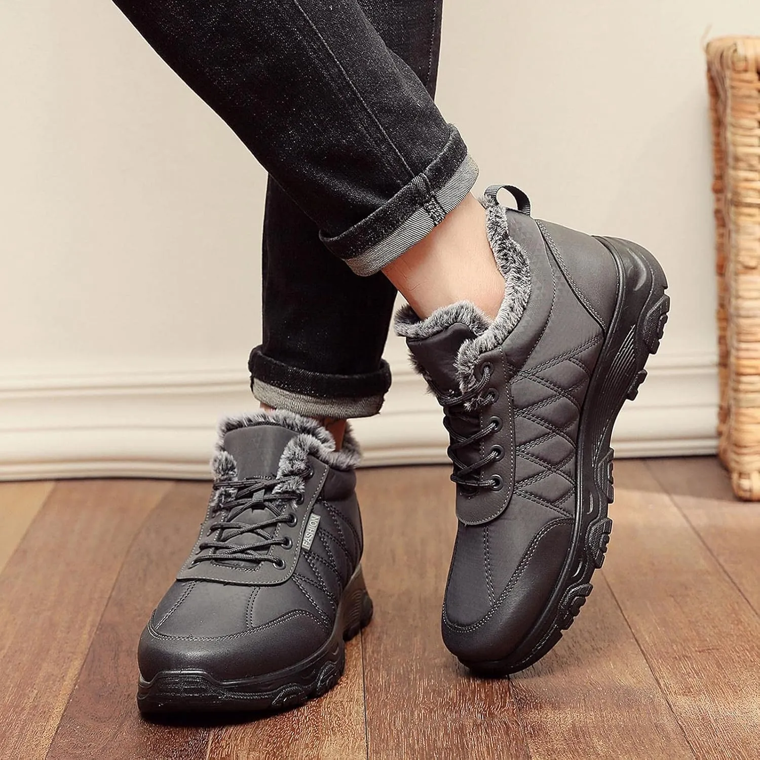 Hbeylia Fuzzy Walking Running Shoes Fashion Sneakers Ankle Booties For Women Men Outdoor Sport Platform Wedge Chunky Bottom Heel Lace Up Waterproof Thermal Fur Winter Snow Boots Hiking Ski Short Boots
