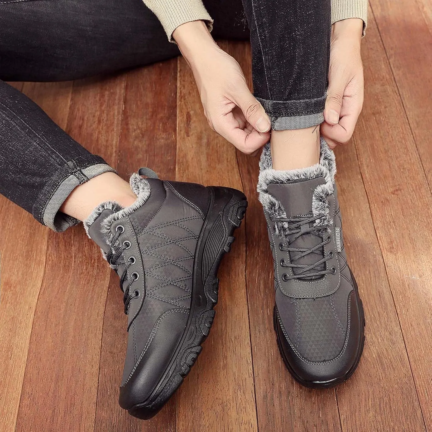 Hbeylia Fuzzy Walking Running Shoes Fashion Sneakers Ankle Booties For Women Men Outdoor Sport Platform Wedge Chunky Bottom Heel Lace Up Waterproof Thermal Fur Winter Snow Boots Hiking Ski Short Boots