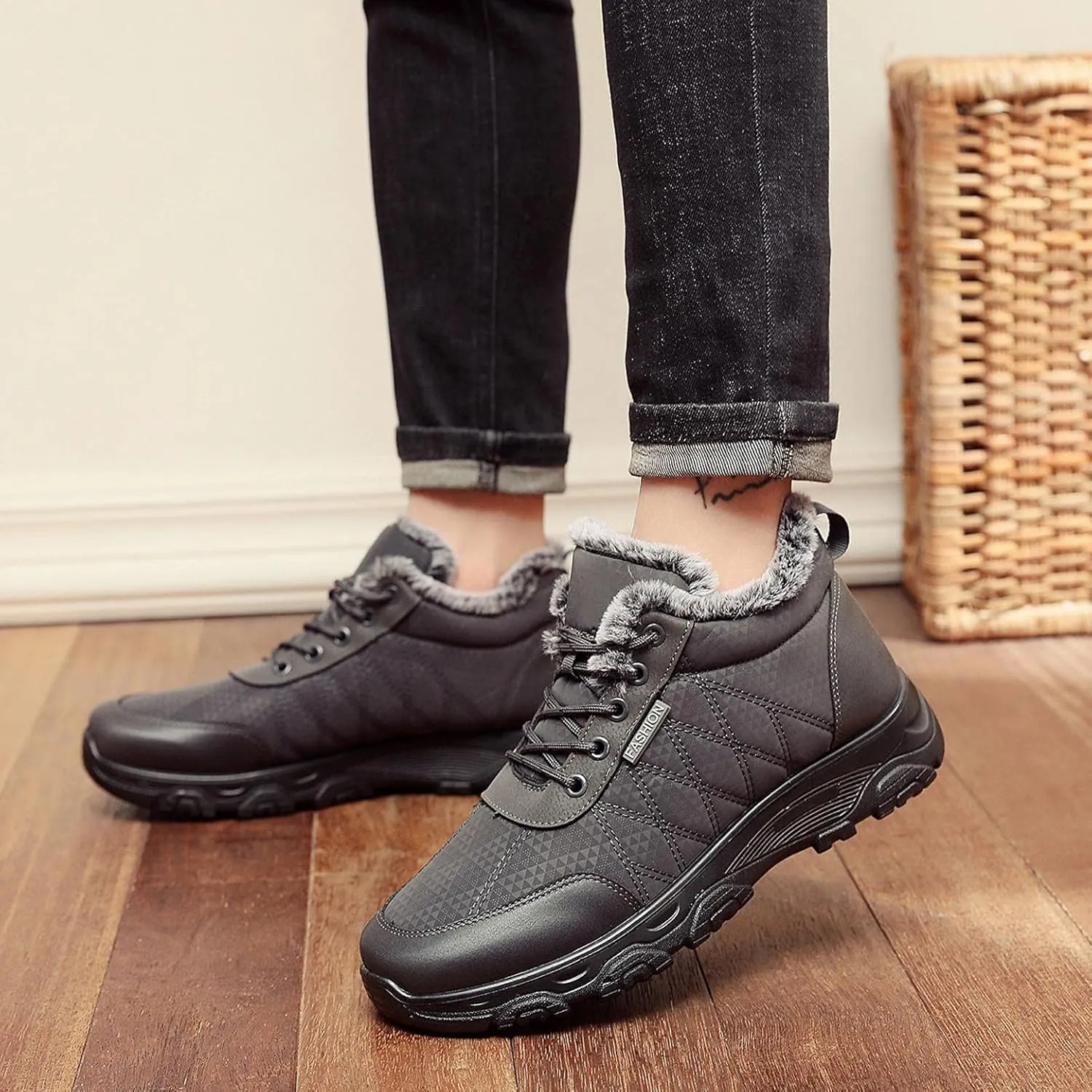 Hbeylia Fuzzy Walking Running Shoes Fashion Sneakers Ankle Booties For Women Men Outdoor Sport Platform Wedge Chunky Bottom Heel Lace Up Waterproof Thermal Fur Winter Snow Boots Hiking Ski Short Boots