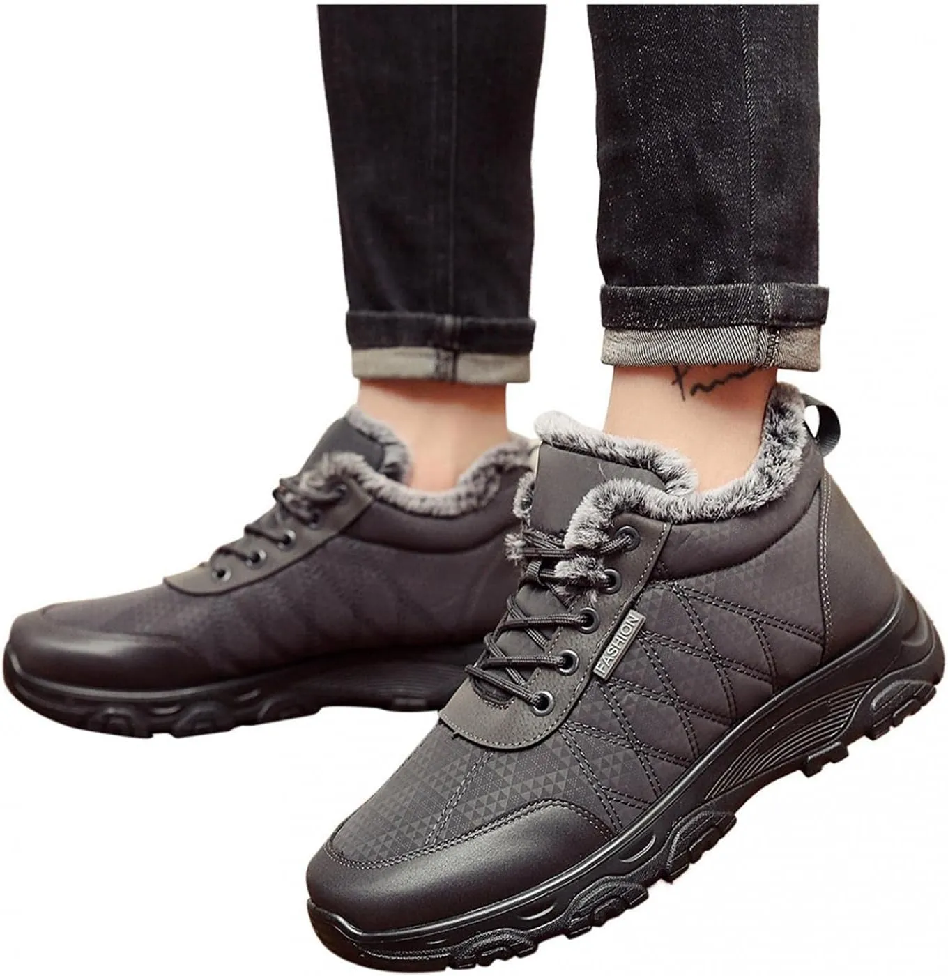 Hbeylia Fuzzy Walking Running Shoes Fashion Sneakers Ankle Booties For Women Men Outdoor Sport Platform Wedge Chunky Bottom Heel Lace Up Waterproof Thermal Fur Winter Snow Boots Hiking Ski Short Boots