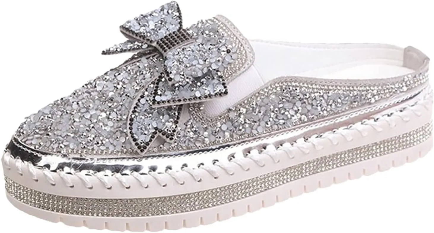 Hbeylia Women's Slip On Mule Sneakers Fashion Sequin Rhinestones Bowknot Design Platform Wedge Breathable Slippers Hiking Work Nurse Shoes Chunky Flat Heels Sliders Walking Shoes
