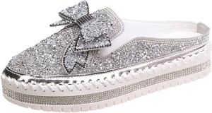 Hbeylia Women's Slip On Mule Sneakers Fashion Sequin Rhinestones Bowknot Design Platform Wedge Breathable Slippers Hiking Work Nurse Shoes Chunky Flat Heels Sliders Walking Shoes
