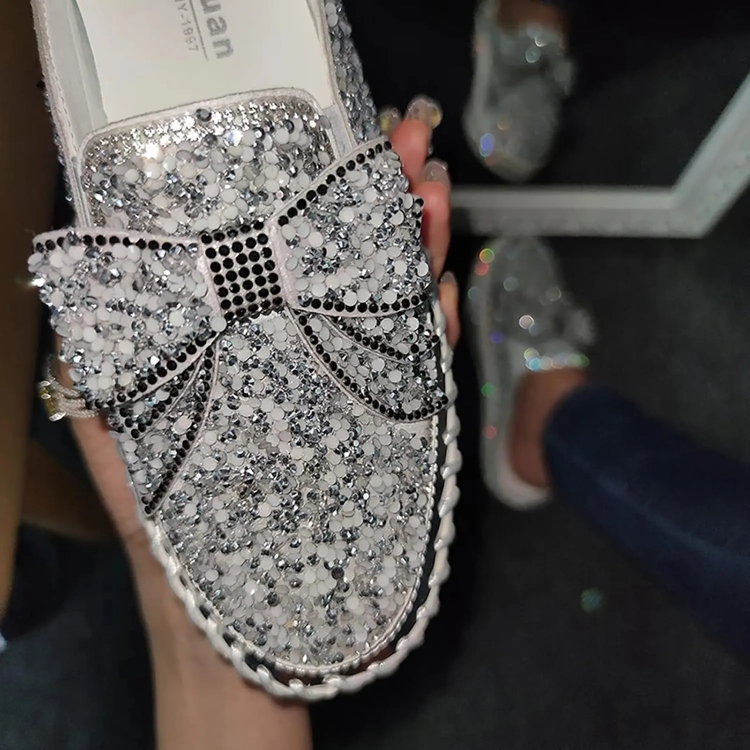 Hbeylia Women's Slip On Mule Sneakers Fashion Sequin Rhinestones Bowknot Design Platform Wedge Breathable Slippers Hiking Work Nurse Shoes Chunky Flat Heels Sliders Walking Shoes