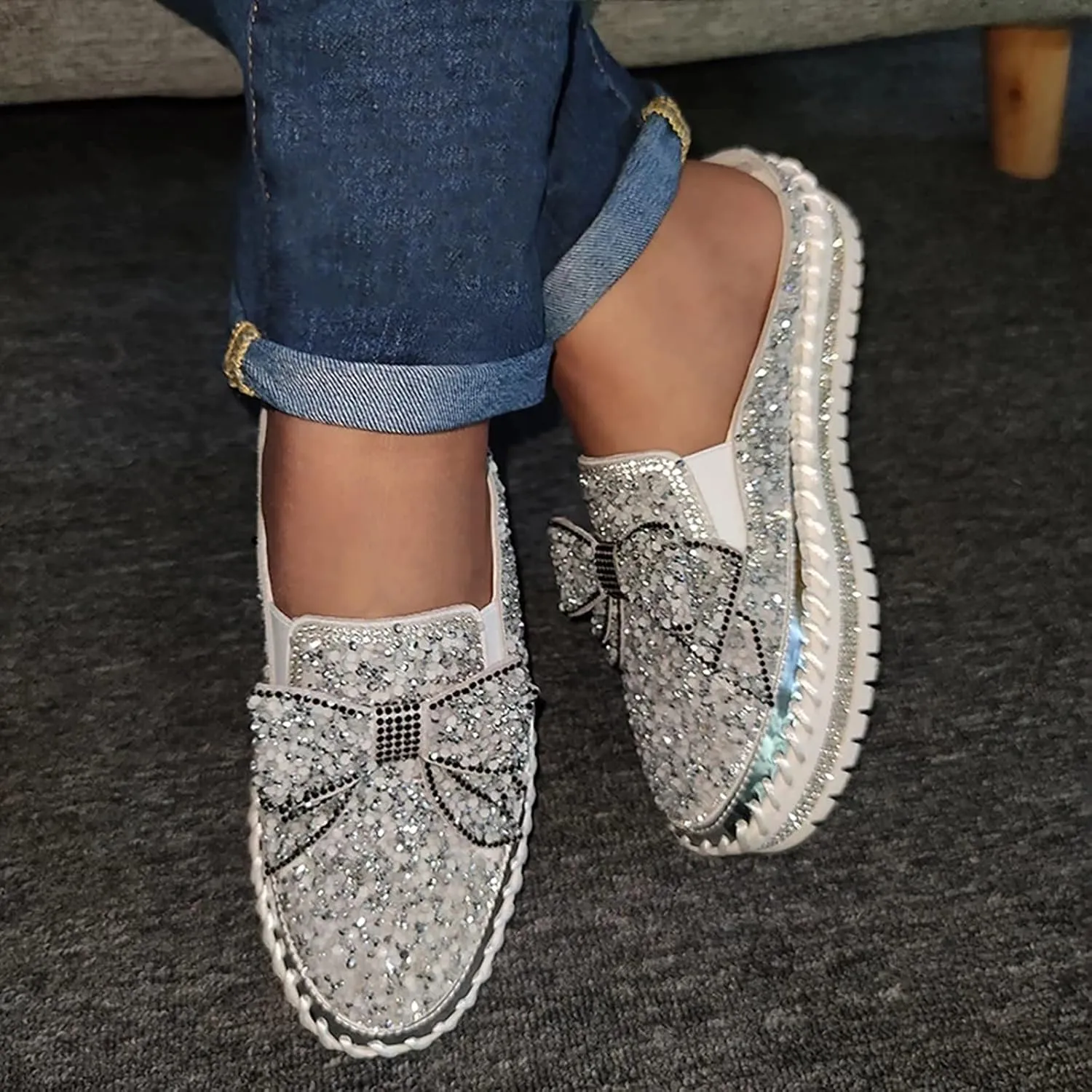 Hbeylia Women's Slip On Mule Sneakers Fashion Sequin Rhinestones Bowknot Design Platform Wedge Breathable Slippers Hiking Work Nurse Shoes Chunky Flat Heels Sliders Walking Shoes