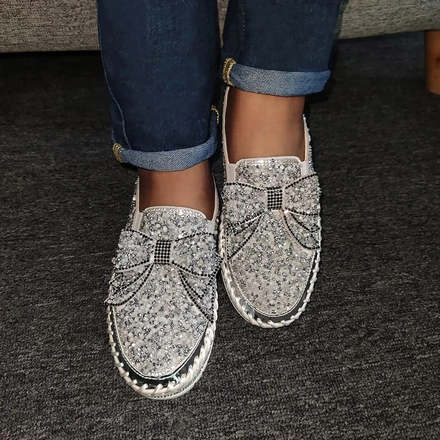 Hbeylia Women's Slip On Mule Sneakers Fashion Sequin Rhinestones Bowknot Design Platform Wedge Breathable Slippers Hiking Work Nurse Shoes Chunky Flat Heels Sliders Walking Shoes