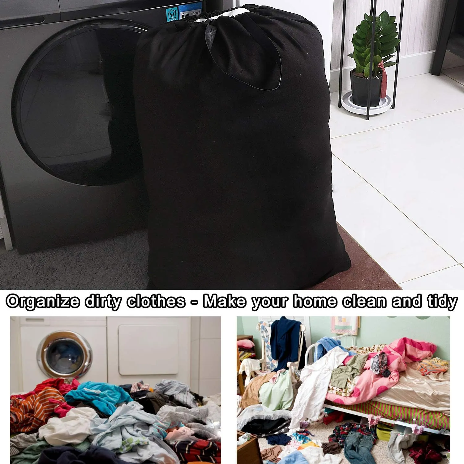 Heavy Duty Laundry Bag with Drawstring and Handle, Extra Large Travel Dirty Clothes Bag for Laundromat and Household, Durable Rip-Stop Laundry Hamper Liner, 28 x 40 Inch, Black