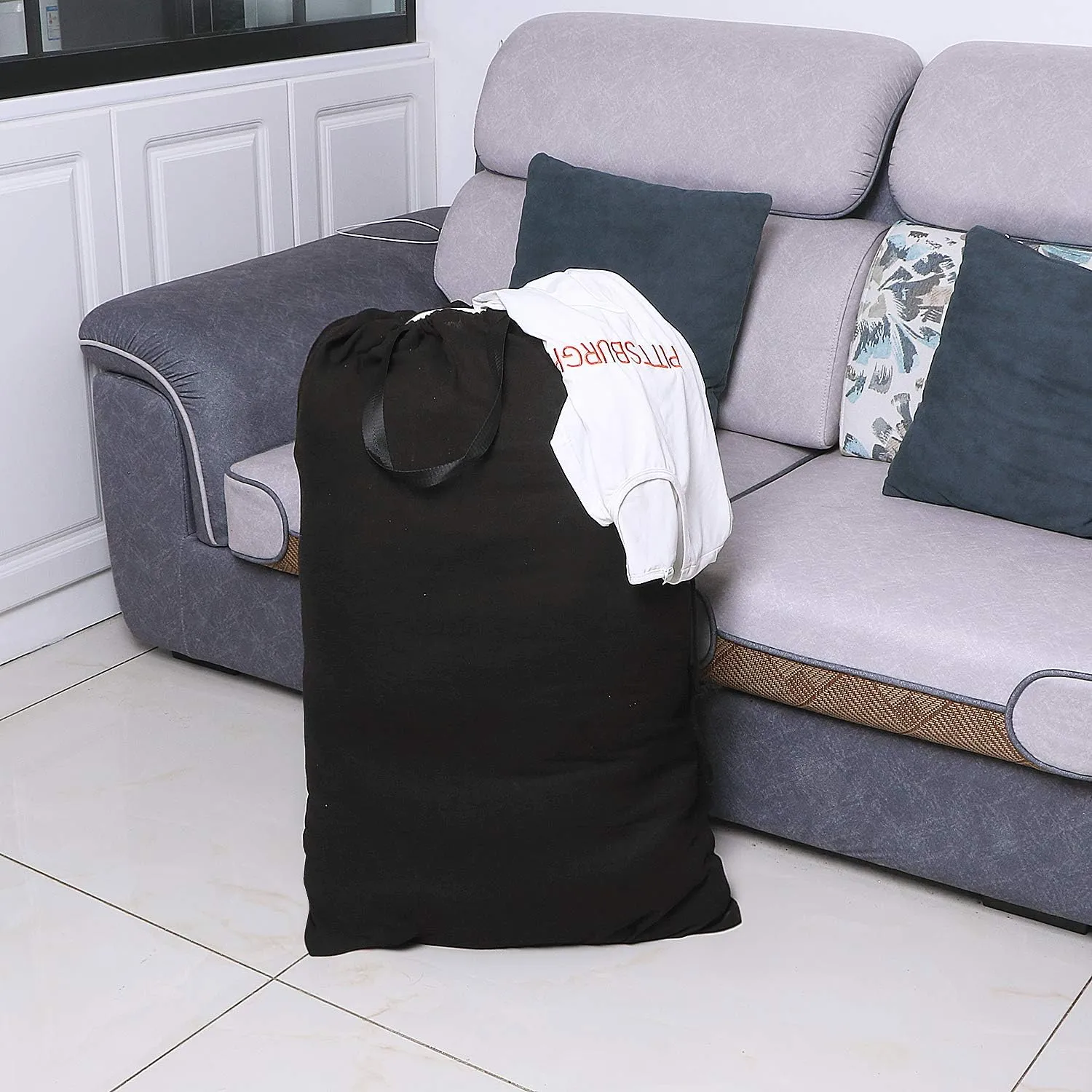 Heavy Duty Laundry Bag with Drawstring and Handle, Extra Large Travel Dirty Clothes Bag for Laundromat and Household, Durable Rip-Stop Laundry Hamper Liner, 28 x 40 Inch, Black