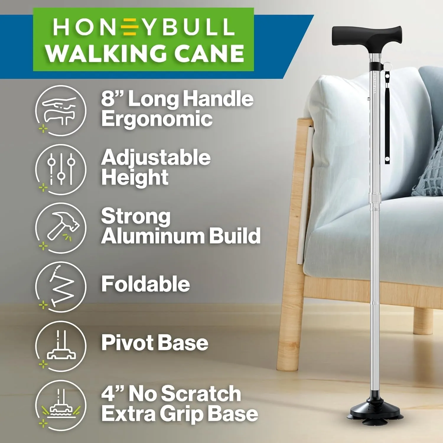 HONEYBULL Walking Cane for Men & Women - Foldable, Adjustable, Collapsible, Free Standing Cane, Pivot Tip, Heavy Duty | Walking Sticks, Folding Canes for Seniors & Adults [Silver]
