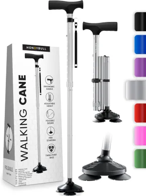 HONEYBULL Walking Cane for Men & Women - Foldable, Adjustable, Collapsible, Free Standing Cane, Pivot Tip, Heavy Duty | Walking Sticks, Folding Canes for Seniors & Adults [Silver]