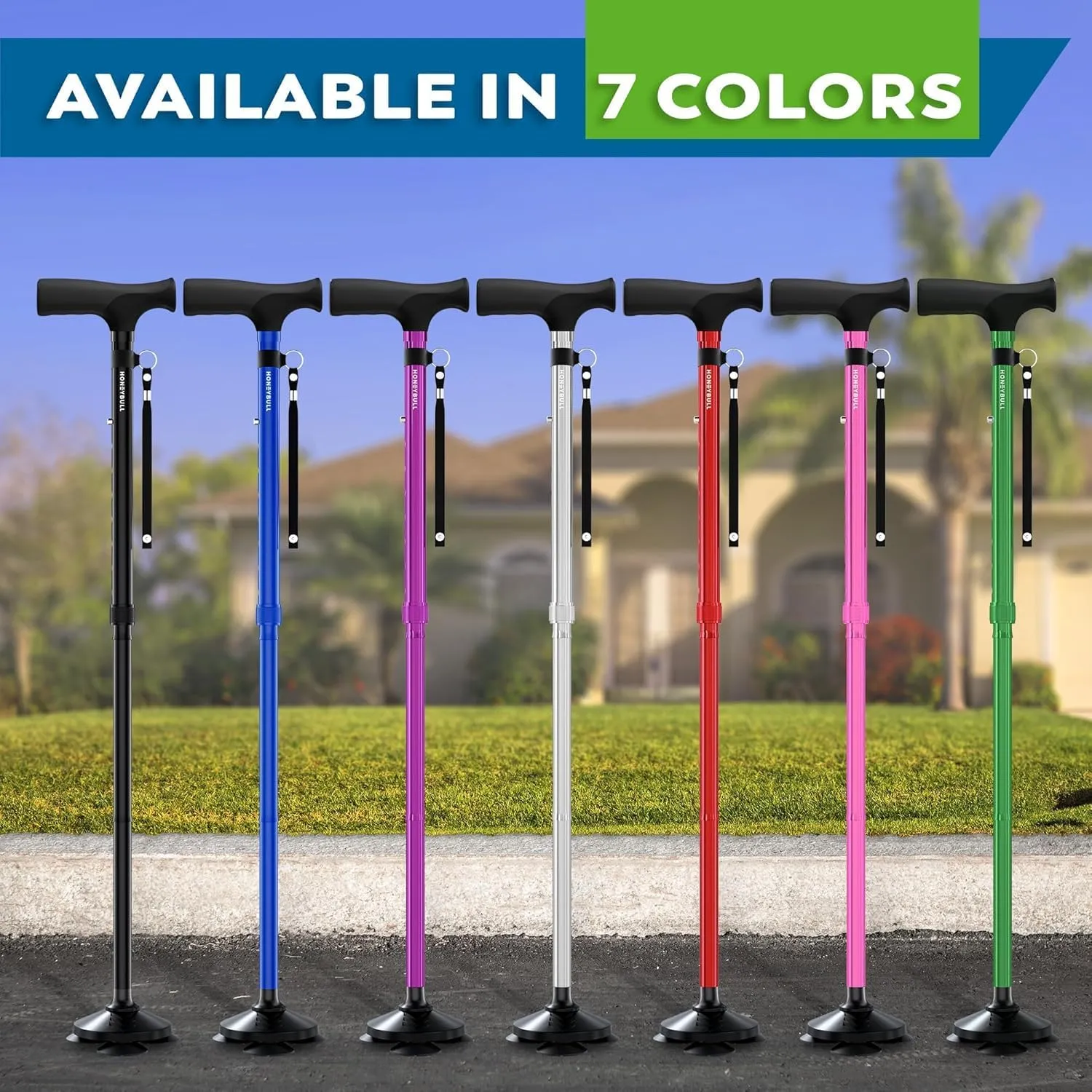 HONEYBULL Walking Cane for Men & Women - Foldable, Adjustable, Collapsible, Free Standing Cane, Pivot Tip, Heavy Duty | Walking Sticks, Folding Canes for Seniors & Adults [Silver]