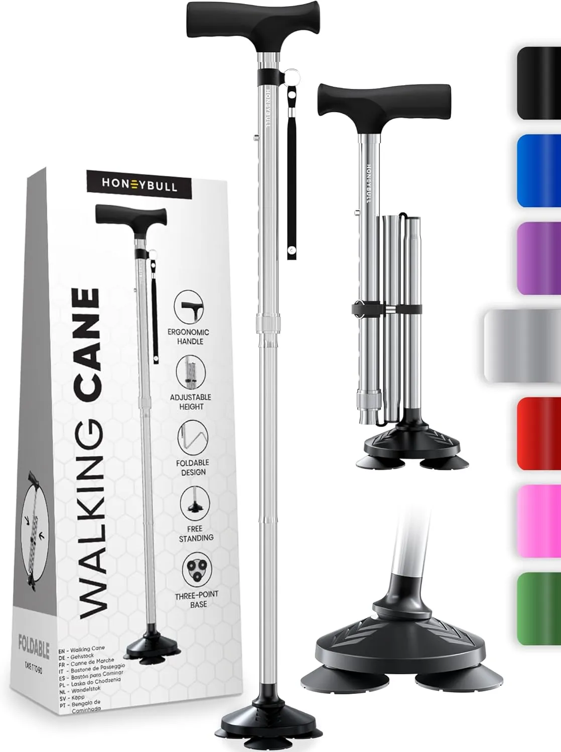 HONEYBULL Walking Cane for Men & Women - Foldable, Adjustable, Collapsible, Free Standing Cane, Pivot Tip, Heavy Duty | Walking Sticks, Folding Canes for Seniors & Adults [Silver]