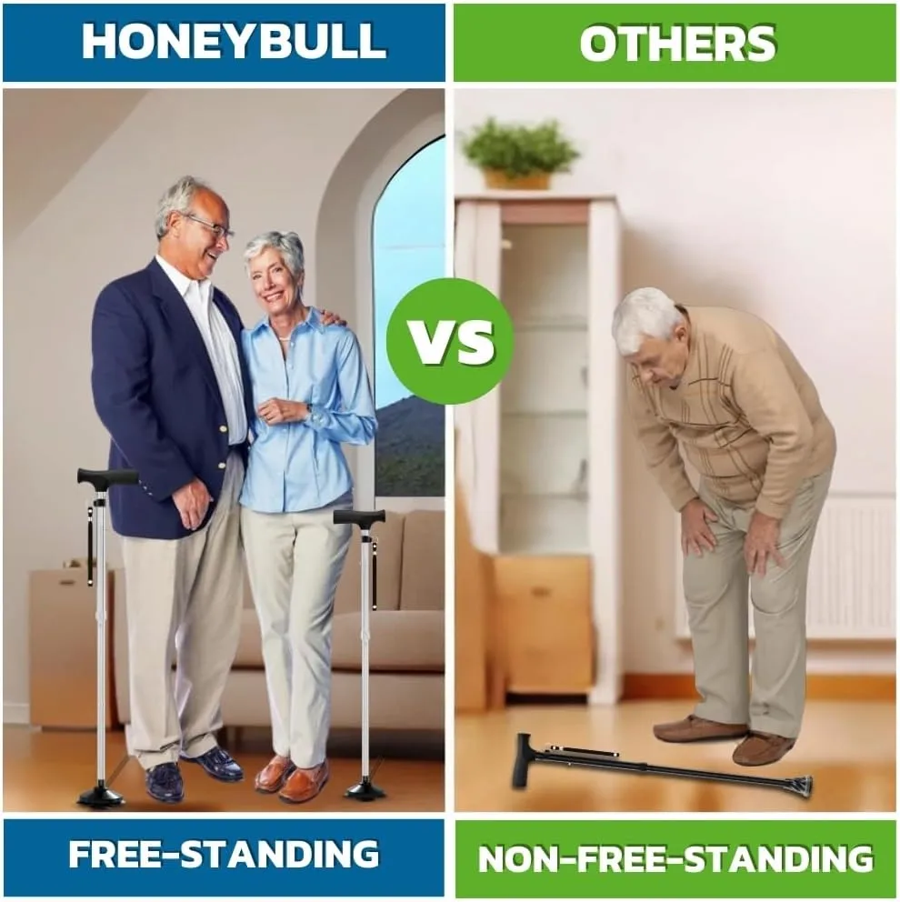 HONEYBULL Walking Cane for Men & Women - Foldable, Adjustable, Collapsible, Free Standing Cane, Pivot Tip, Heavy Duty | Walking Sticks, Folding Canes for Seniors & Adults [Silver]