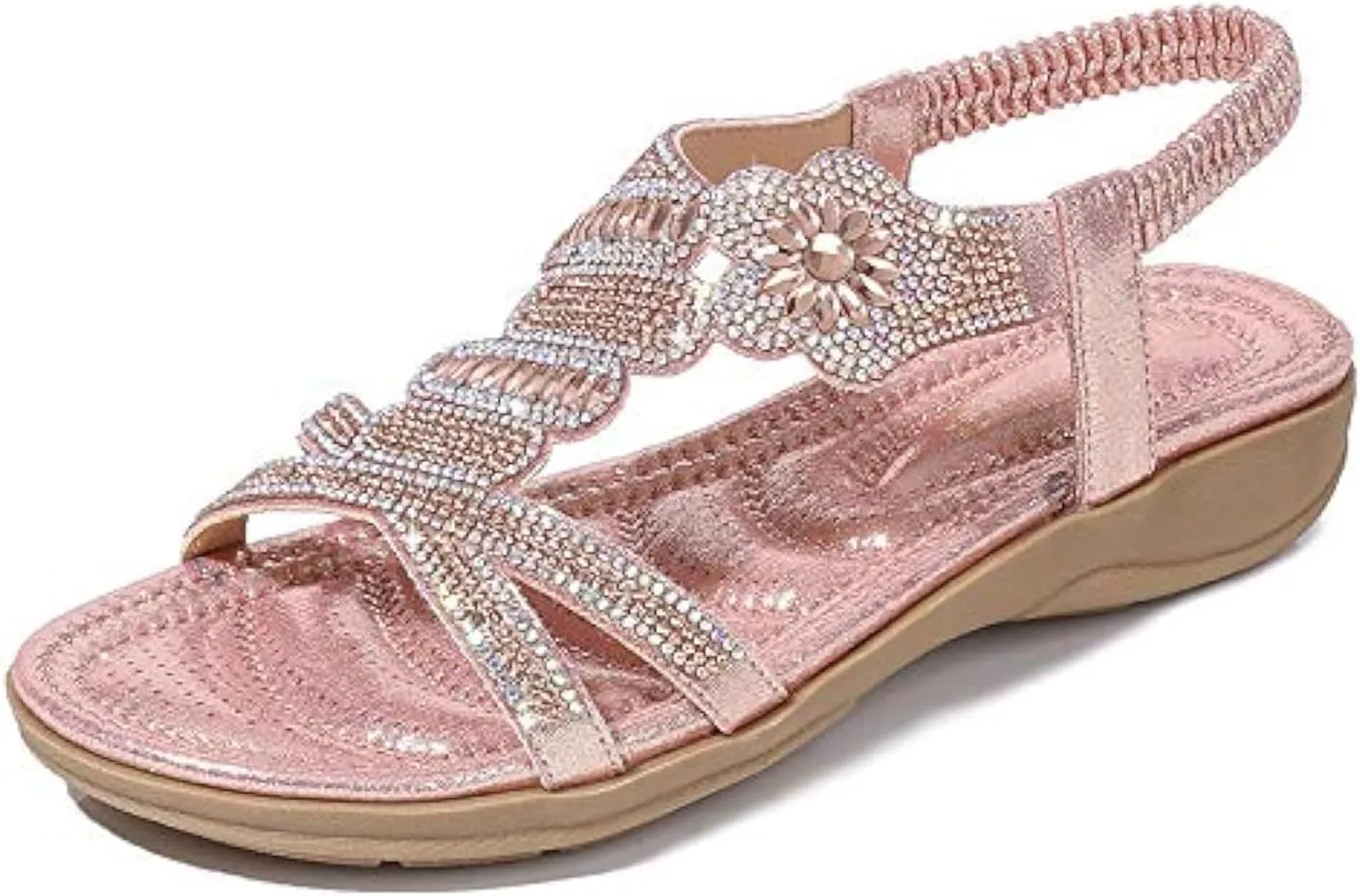 ICEGIA Women's Flat Sandals Summer Beach Sandal T-Strap Rhinestone Beaded Bohemia Shoes