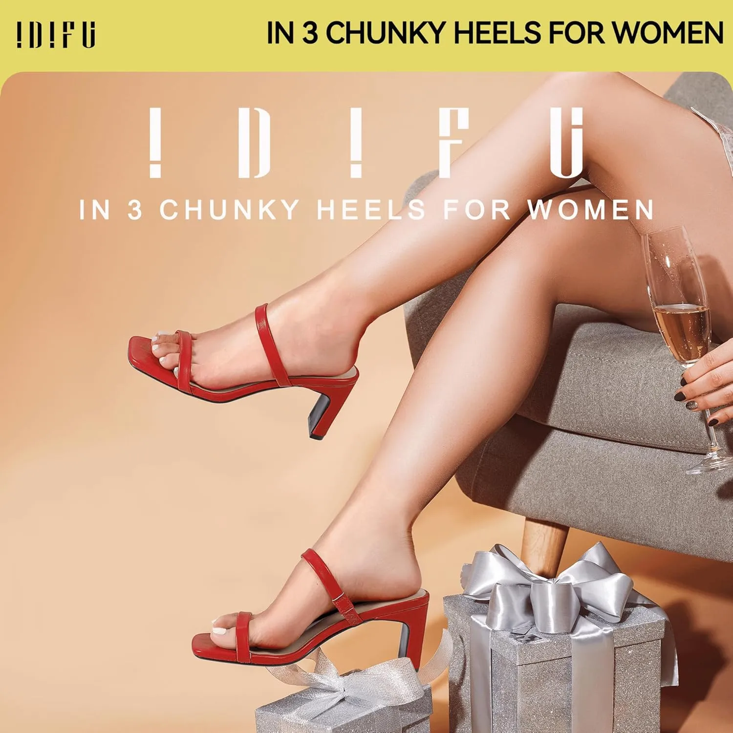 IDIFU IN3 Chunky Heels For Women Low Block Square Open Toe Heels Two Strap Slip On Comfortable Slides Heeled Sandals Sexy Wedding Prom Party Dress Shoes Cute Mule Short Heels