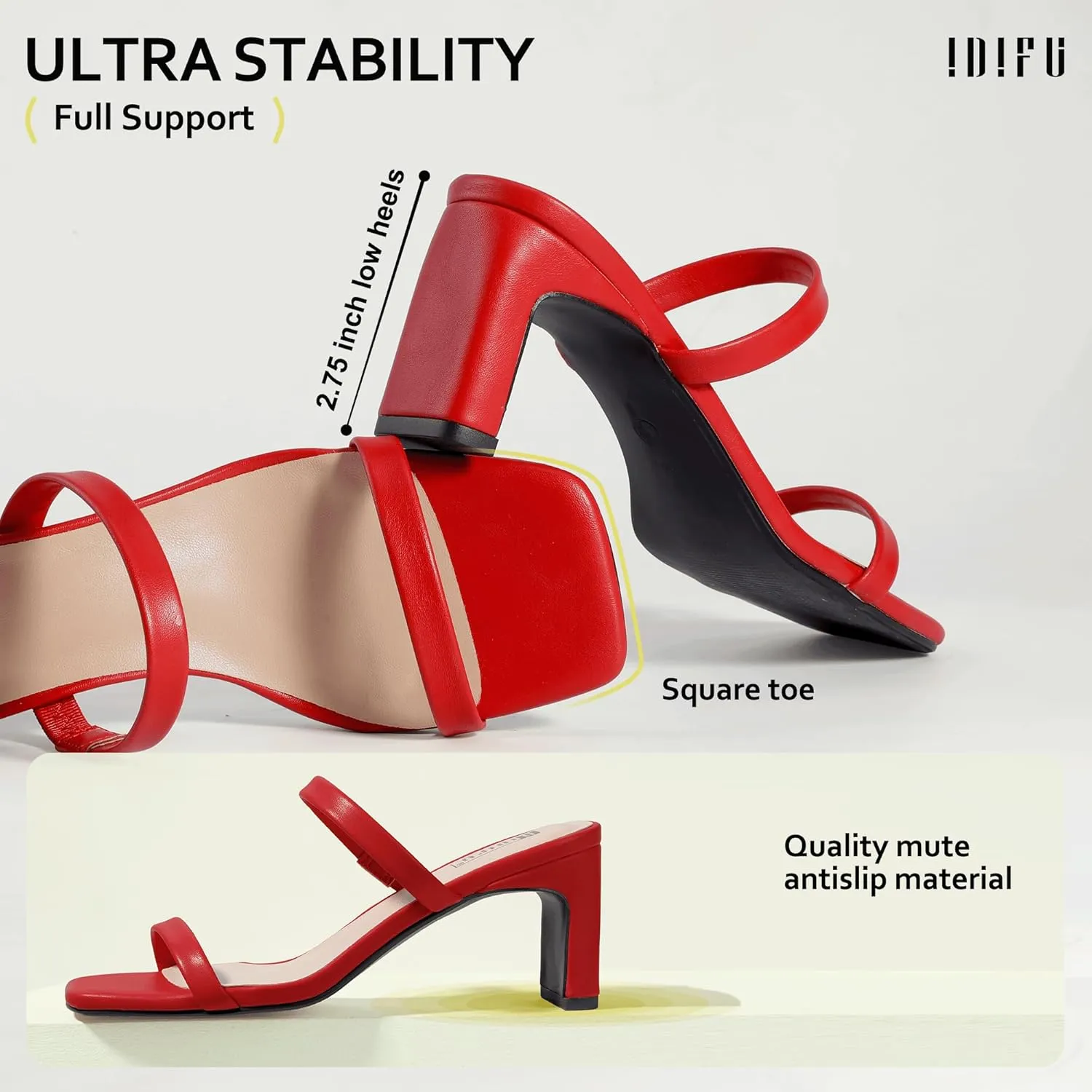 IDIFU IN3 Chunky Heels For Women Low Block Square Open Toe Heels Two Strap Slip On Comfortable Slides Heeled Sandals Sexy Wedding Prom Party Dress Shoes Cute Mule Short Heels