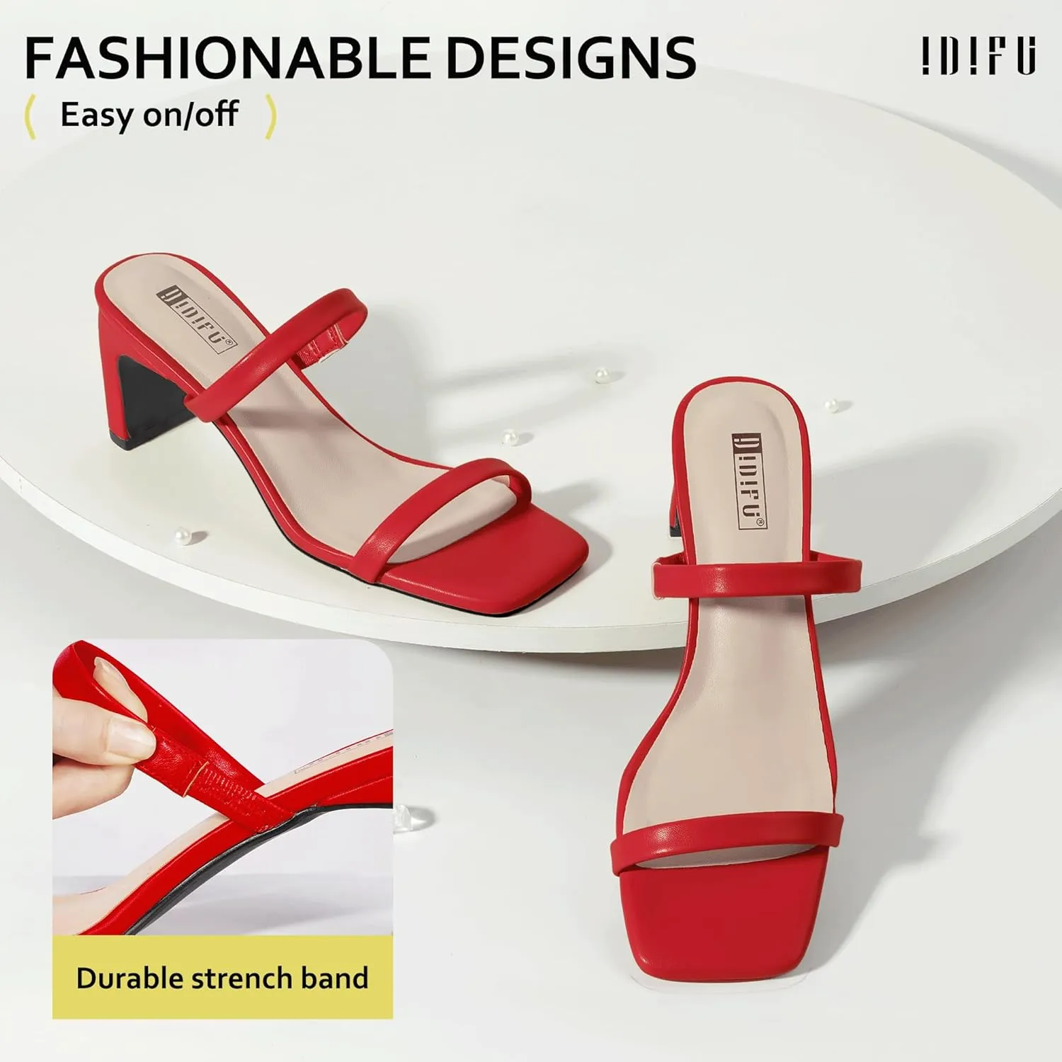 IDIFU IN3 Chunky Heels For Women Low Block Square Open Toe Heels Two Strap Slip On Comfortable Slides Heeled Sandals Sexy Wedding Prom Party Dress Shoes Cute Mule Short Heels