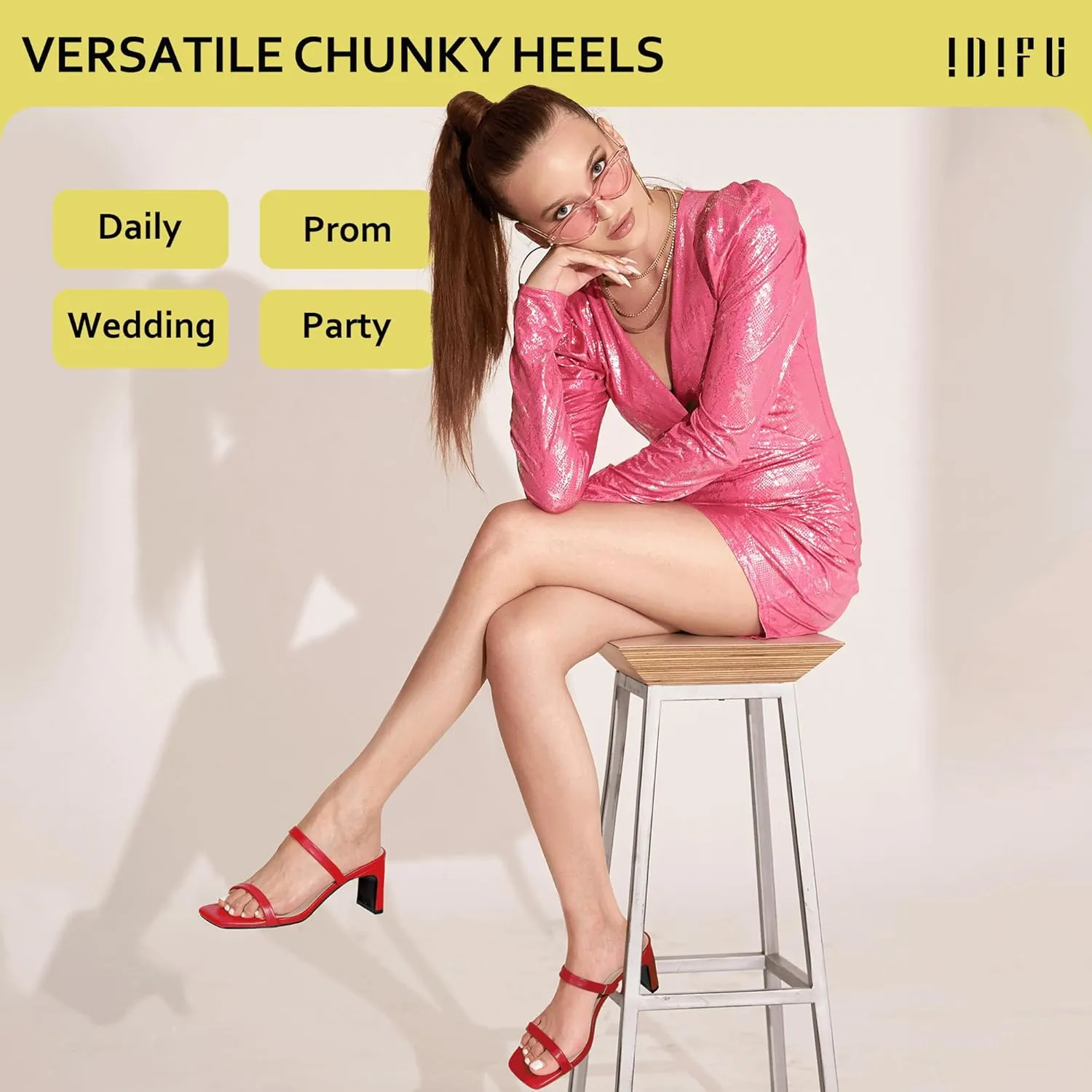 IDIFU IN3 Chunky Heels For Women Low Block Square Open Toe Heels Two Strap Slip On Comfortable Slides Heeled Sandals Sexy Wedding Prom Party Dress Shoes Cute Mule Short Heels