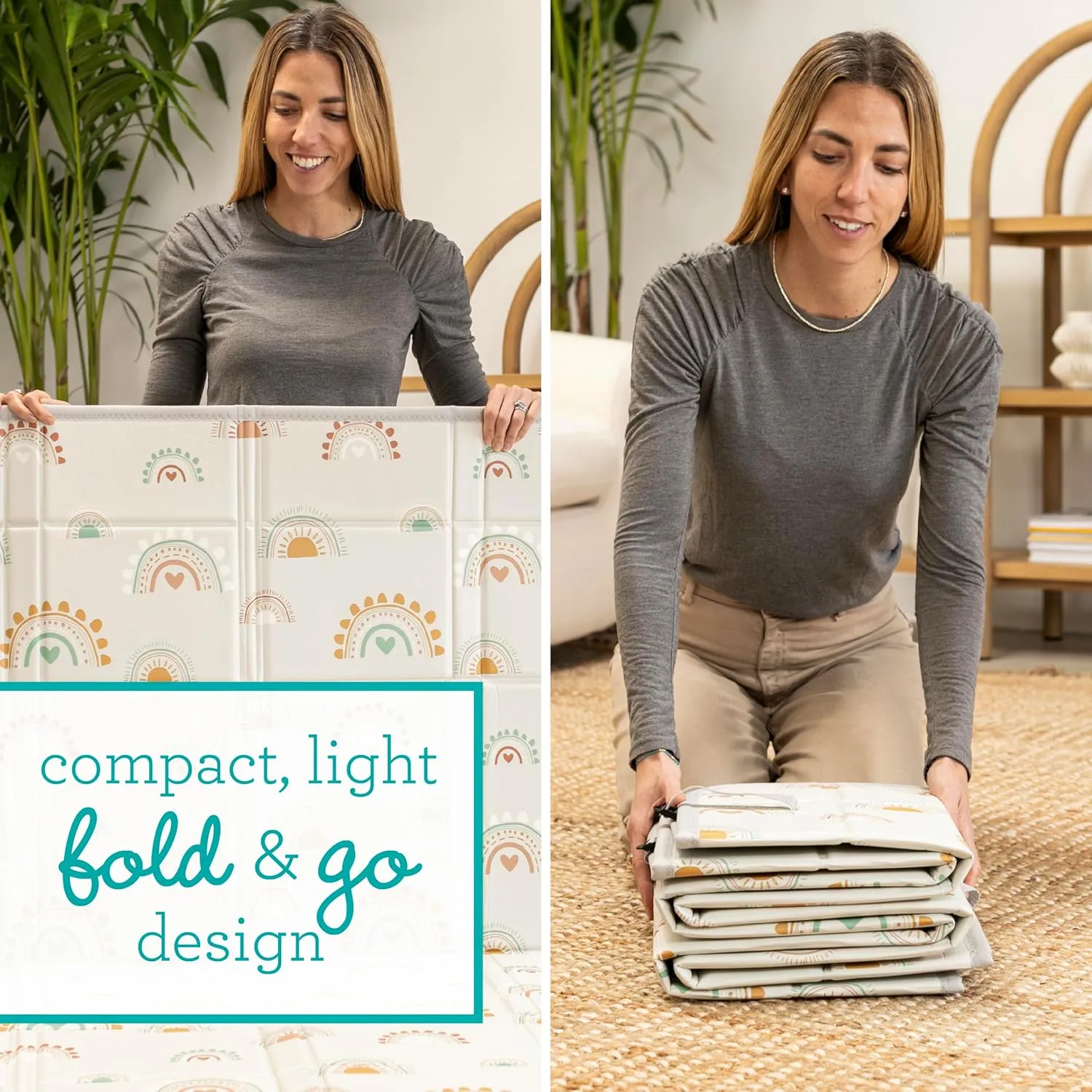 Infantino Foldable Soft Foam Mat, Extra Large Double-Sided Cushioned Portable Play Mat with Fold-Up Sides, Non Slip Crawling & Playing for Infants and Toddlers, Rainbows