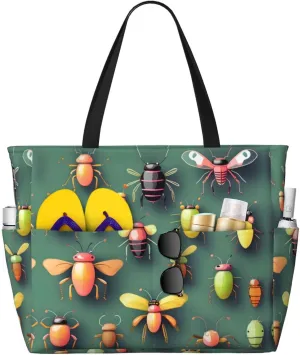 Insect Atlas Large capacity beach bag with zipper, perfect for grocery bag pool gym travel shopping foldable beach travel bag,