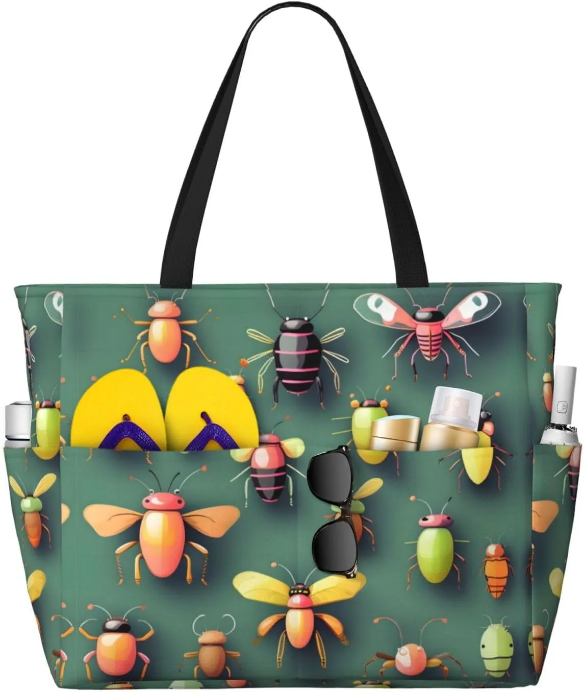Insect Atlas Large capacity beach bag with zipper, perfect for grocery bag pool gym travel shopping foldable beach travel bag,