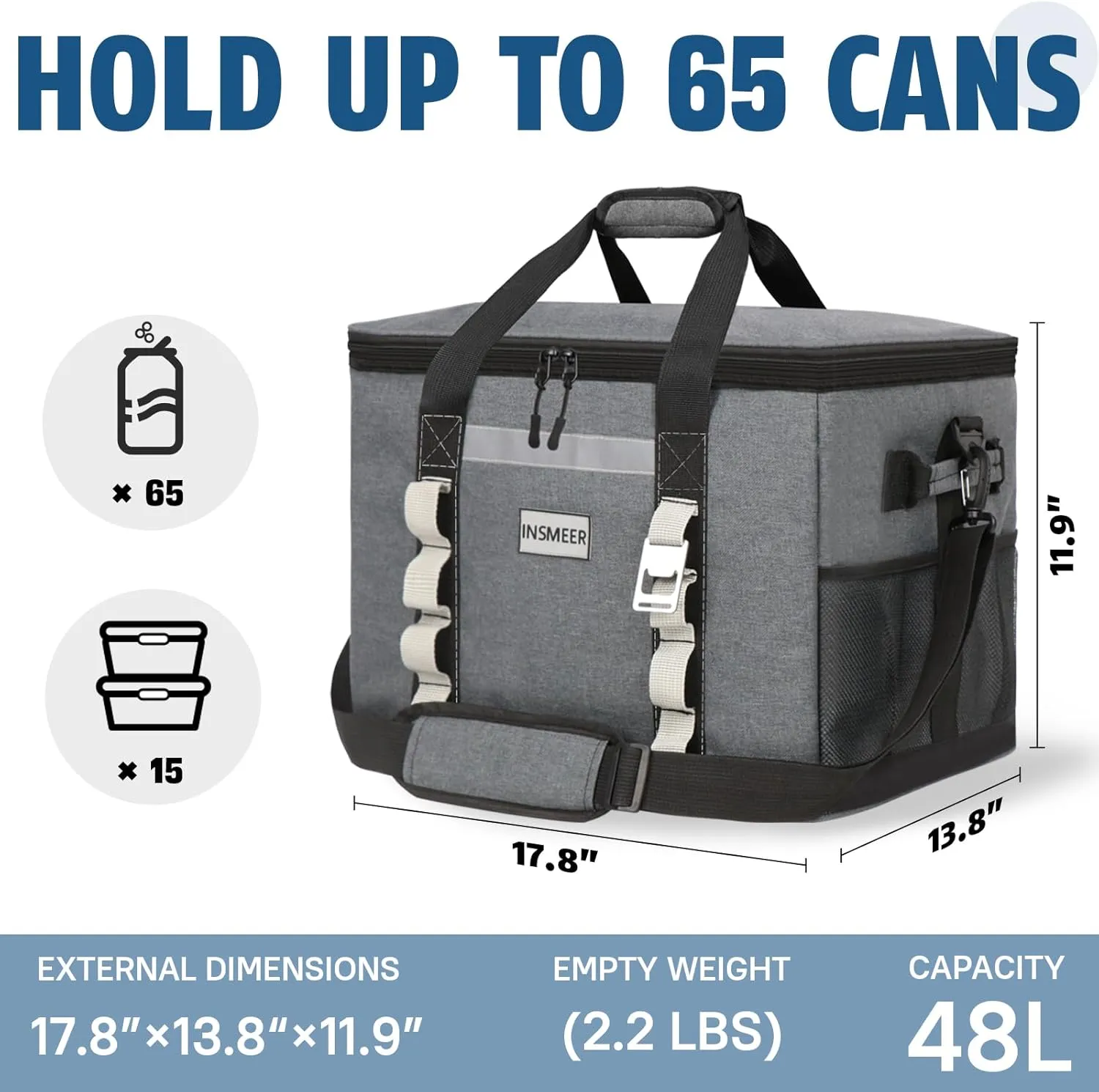INSMEER Insulated Cooler Bag 65Cans/32 Cans Large Cooler Bag Soft Sided Cooler with Shoulder Strap, Collapsible Leakproof Portable Coolers for Camping/Beach/Food Delivery/Shopping/Outdoor/Picnic